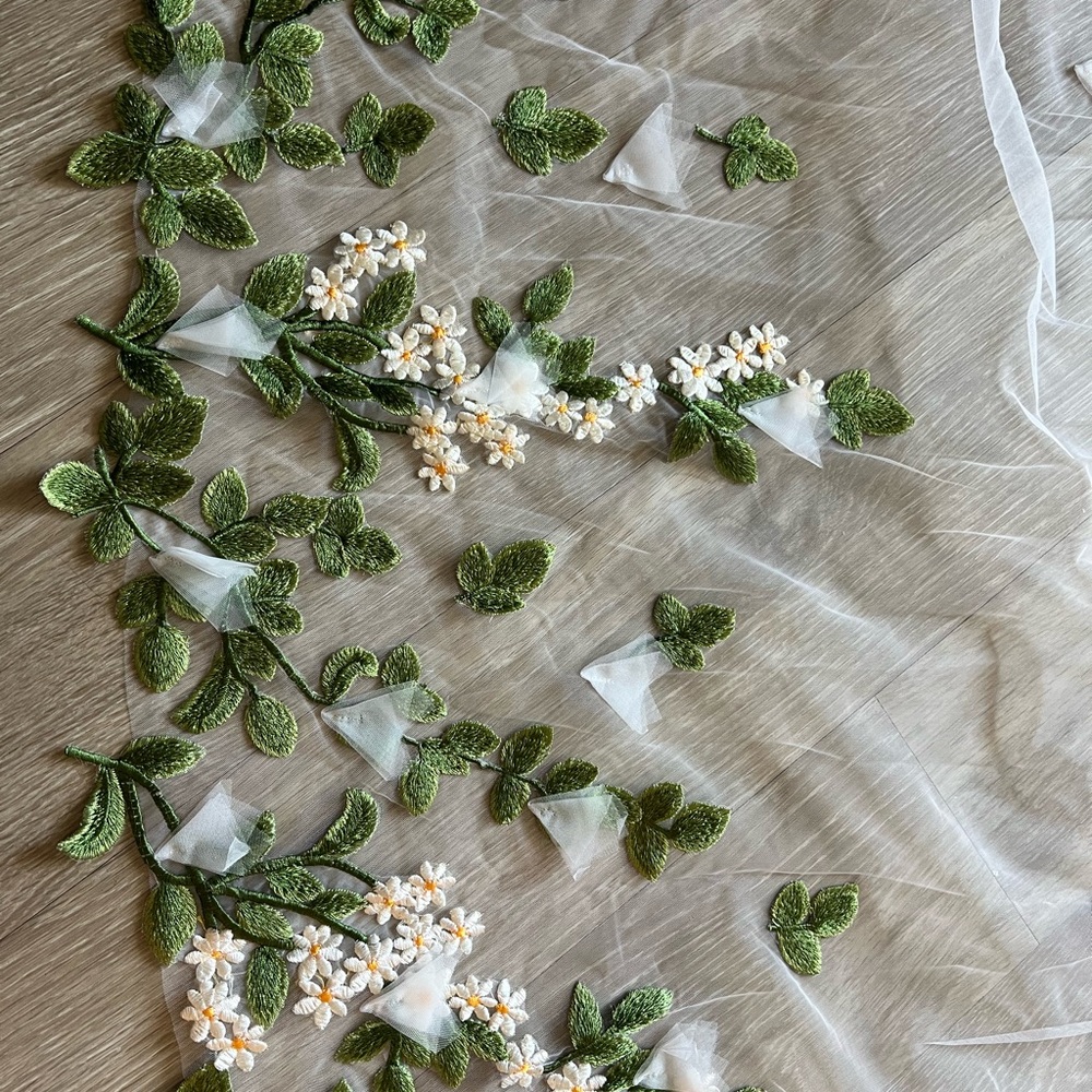 Ivory Tulle Veil Embroidered with White Flowers and Green Leaves - Floor Length